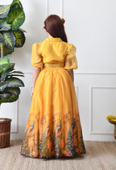 Girls Yellow Peacock Print Lehenga Set with Puff Sleeve Blouse