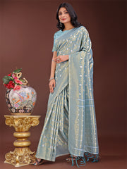 Elegant Light Green Linen Saree with Silver Zari Butta & Pallu – Daily Wear | Festive Look | Soft Feel