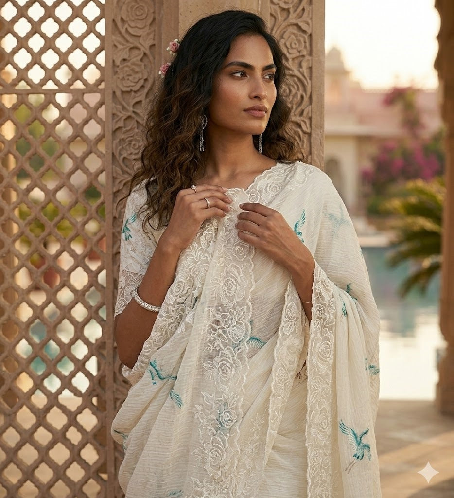 soft bubble crush saree in off white color.Lucknowi style embroidery border with bird emboridary.Pereftly matched net embroidery blouse.