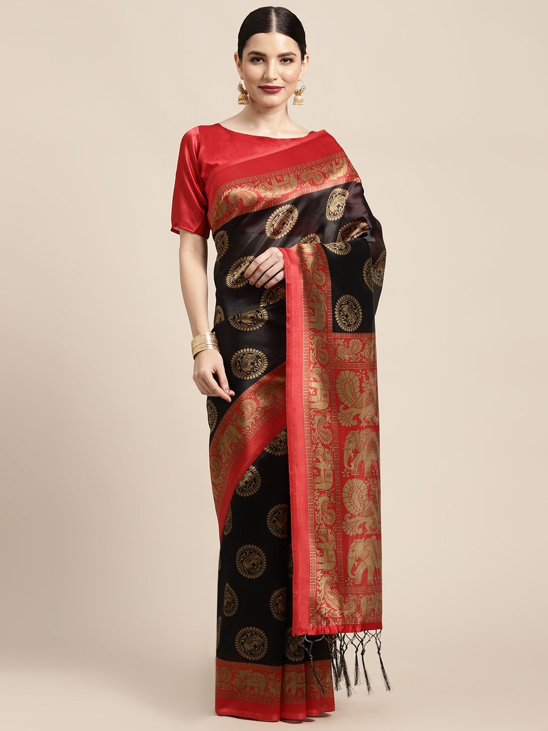Women's Art Silk Black Printed DesignerSaree With Blouse Piece