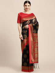 Women's Art Silk Black Printed DesignerSaree With Blouse Piece