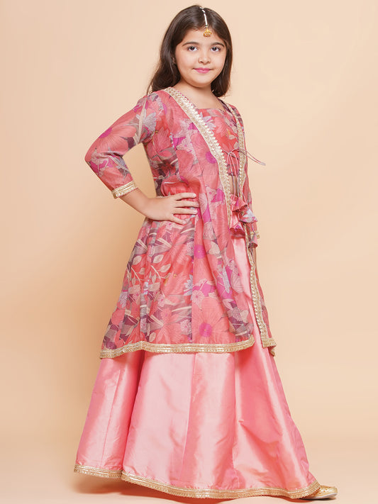 Girls Peach Floral Printed Shrug & Blouse With Ready to Wear Lehenga.