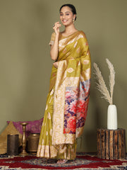 Green Floral Linen Cotton Saree with Zari Border & Digital Printed Pallu – Elegant Sari for Festive Occasions
