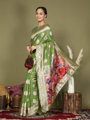 Green Floral Linen Cotton Saree with Zari Border & Digital Printed Pallu – Elegant Sari for Festive Occasions