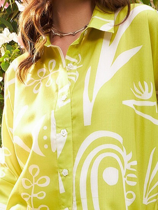 Lime Green Floral Printed Linen Shirt Style Top