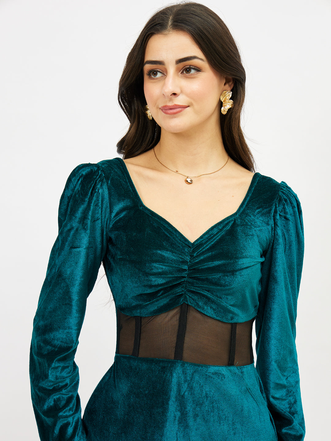 Puff Sleeve Velvet Sheath Midi Dress