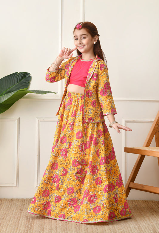 Girls Mustard Yellow Floral Printed Lehenga Choli Set with Stylish Jacket