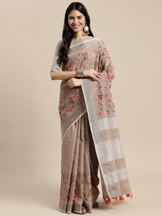 Royal Beige Linen Cotton Saree with Vibrant Floral Zari Border | Premium Festive & Party Collection