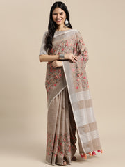 Royal Beige Linen Cotton Saree with Vibrant Floral Zari Border | Premium Festive & Party Collection