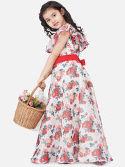 Silk Woven Half Sleeves Flower Print Flared Frock - Offwhite