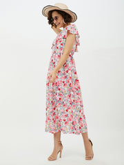 Women's Floral One shoulder Polyester Crepe Long dress
