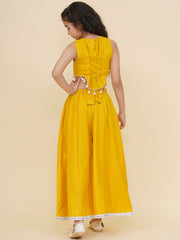 Placement Embroidered Sleeveless Above Knee Length Cotton Top With Palazzo - Yellow