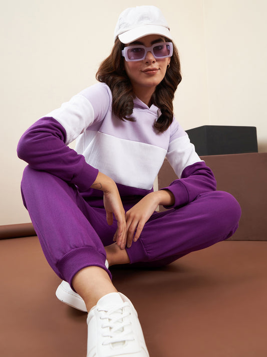 Women's Puple Colour Blocked Hooded Tracksuit Set