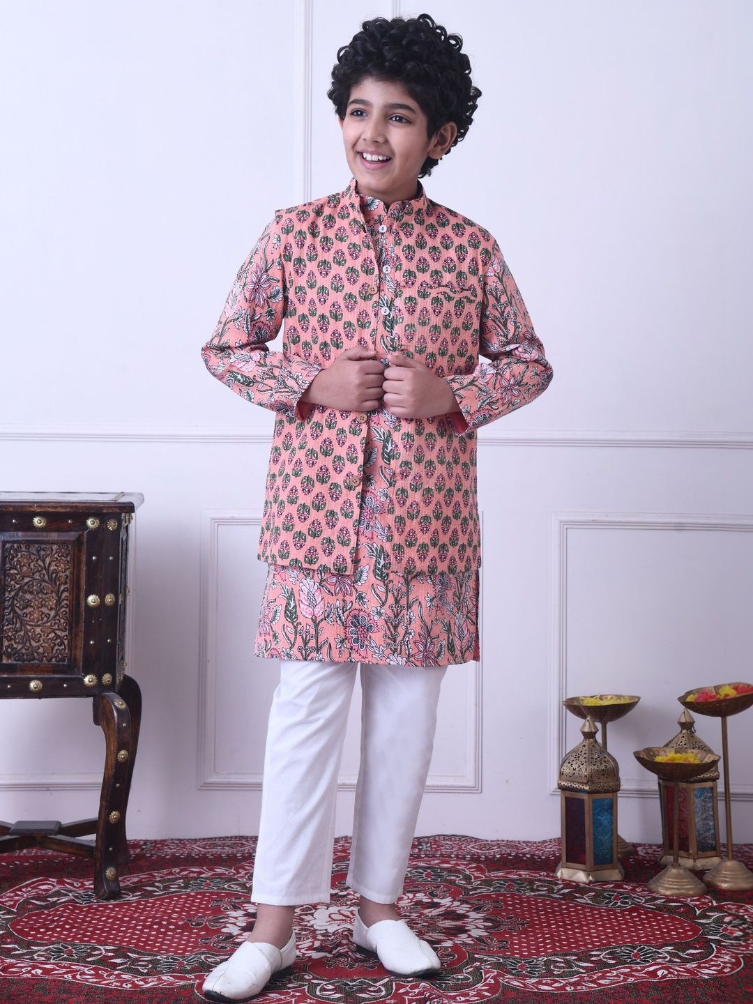 Indi Loom Couture Boys Peach Printed Cotton Kurta with white Pajama and Jacket Set ILBKSJ05