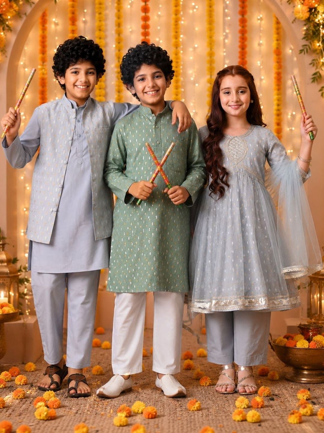 Indi Loom Couture Boys Light Blue Kurta with Chanderi Booti Jacket & Pyjama Set ILBKSJ07