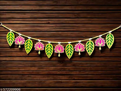 Toran with Wooden Kamal Folwer,Mango Leaves and Golden Bells , Size:-3 Feet
