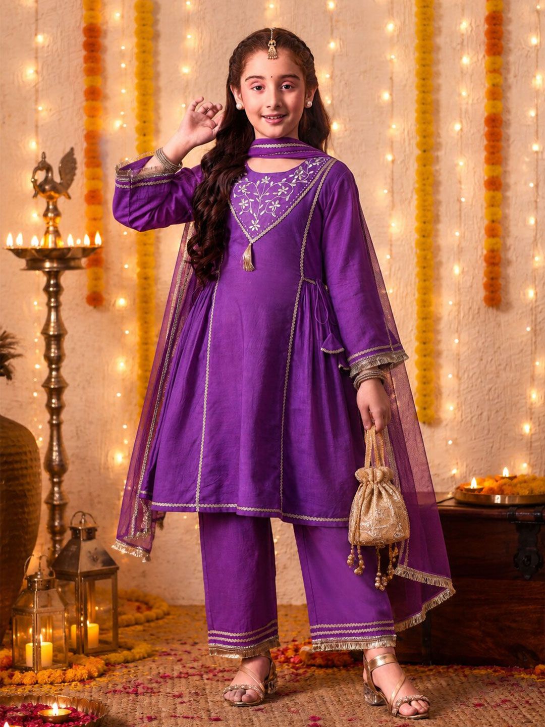 Girls Purple Embroidered Kurta with Trousers & Dupatta Set ILKSD56
