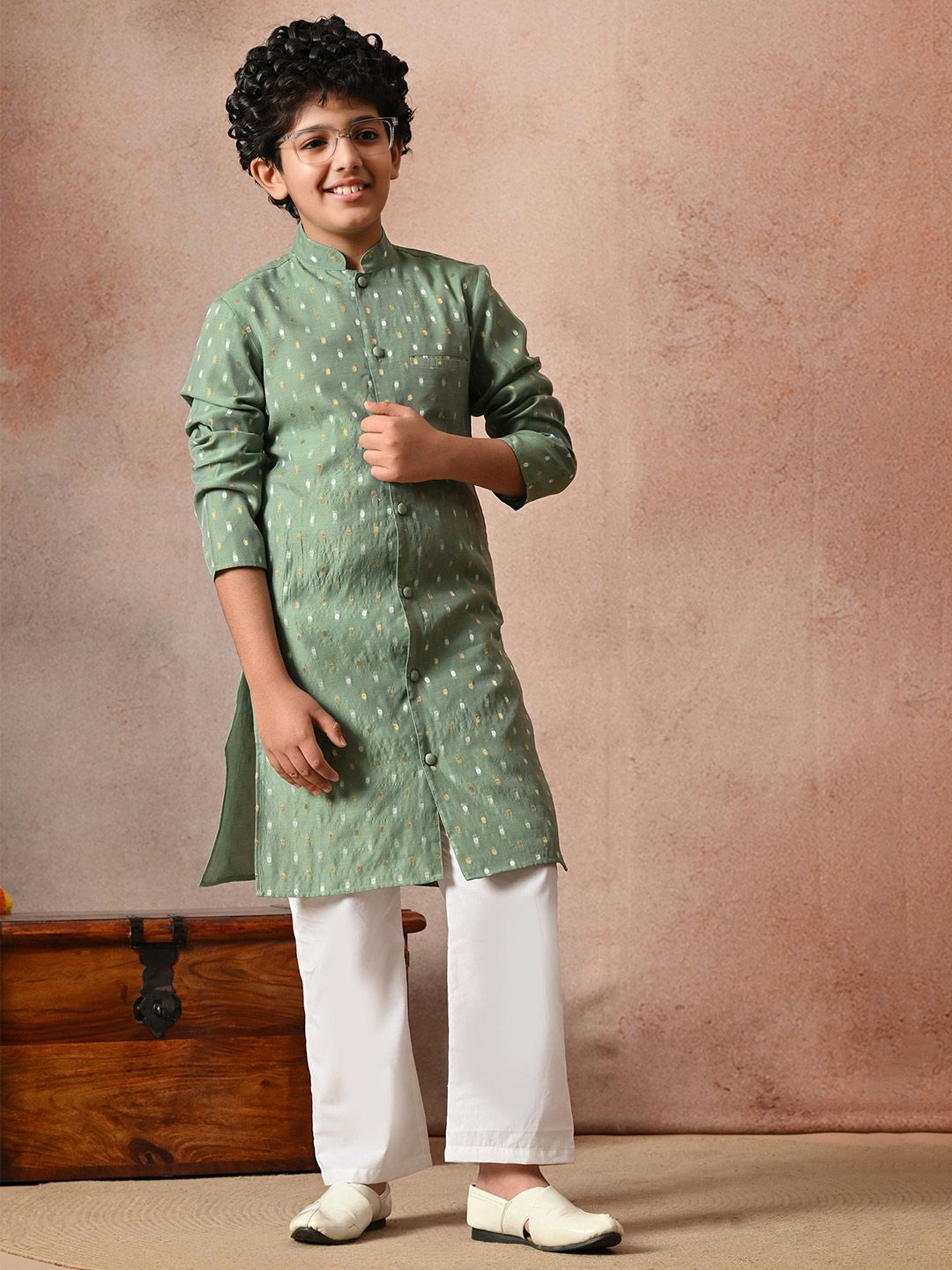 Indi Loom Couture Boys Green Chanderi Blazer Booti Kurta with Pyjama Set ILBKS37