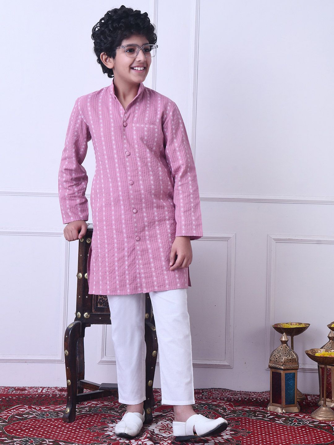 Indi Loom Couture Boys Pink Striped Ethnic Kurta with White Pajama Set ILBKS12