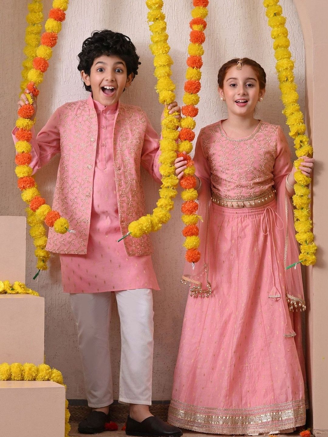 Indi Loom Couture Boys Pink Kurta with Embroidered Jacket & Pyjama Set ILBKSJ04