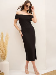 Zummer Black Rib Off Shoulder Midi Dress
