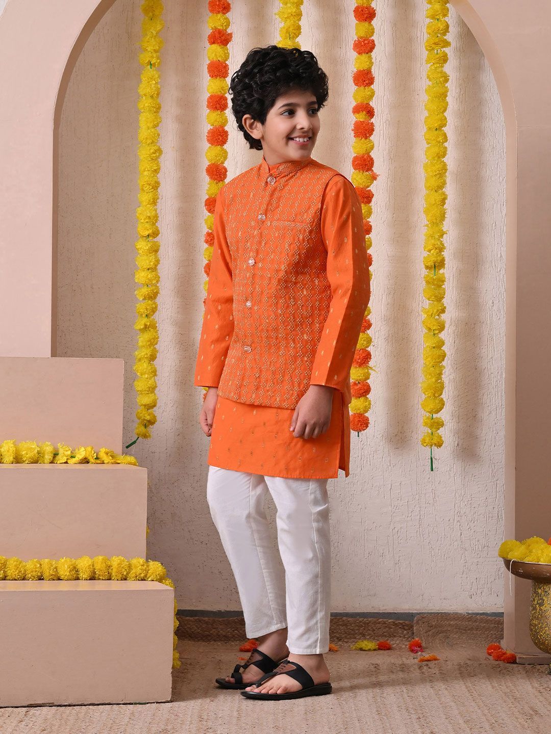 Indi Loom Couture Boys Orange Kurta with Embroidered Jacket & Pyjama Set ILBKSJ03