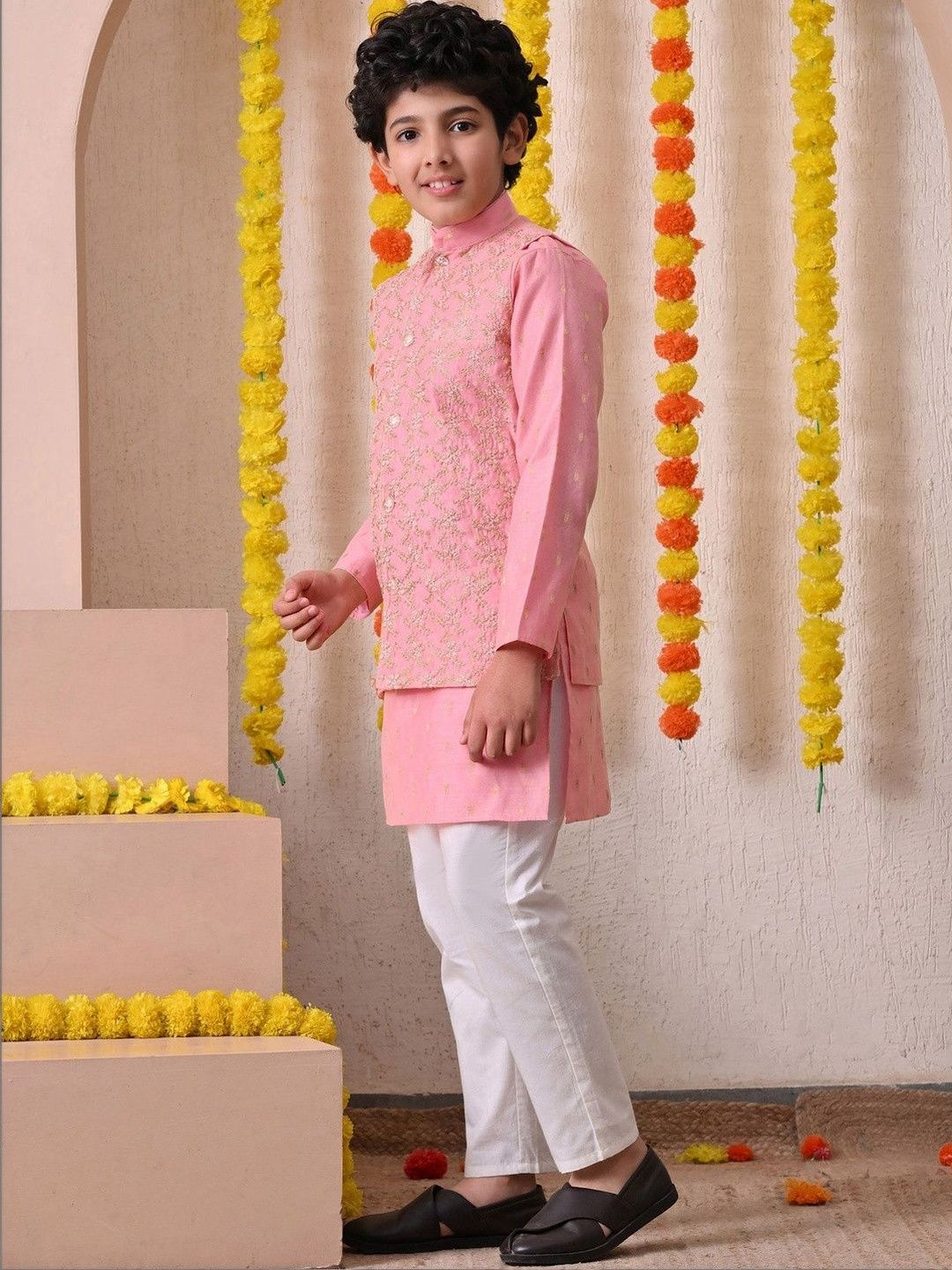 Indi Loom Couture Boys Pink Kurta with Embroidered Jacket & Pyjama Set ILBKSJ04