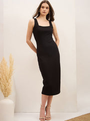 Zummer Black Rib Square Neck Midi Dress