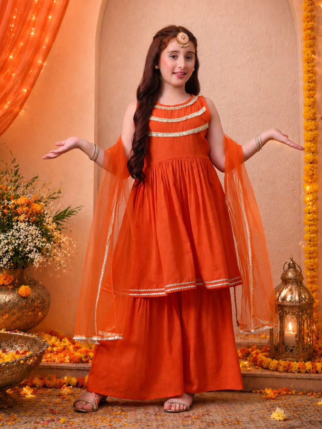 Girls Orange Kurta Sharara Set with Dupatta ILKSD53