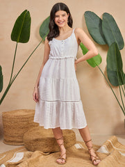 Zummer White Schiffli Strappy Tiered Midi Dress