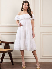 Zummer White Schiffli Off-shoulder Flared Midi Dress