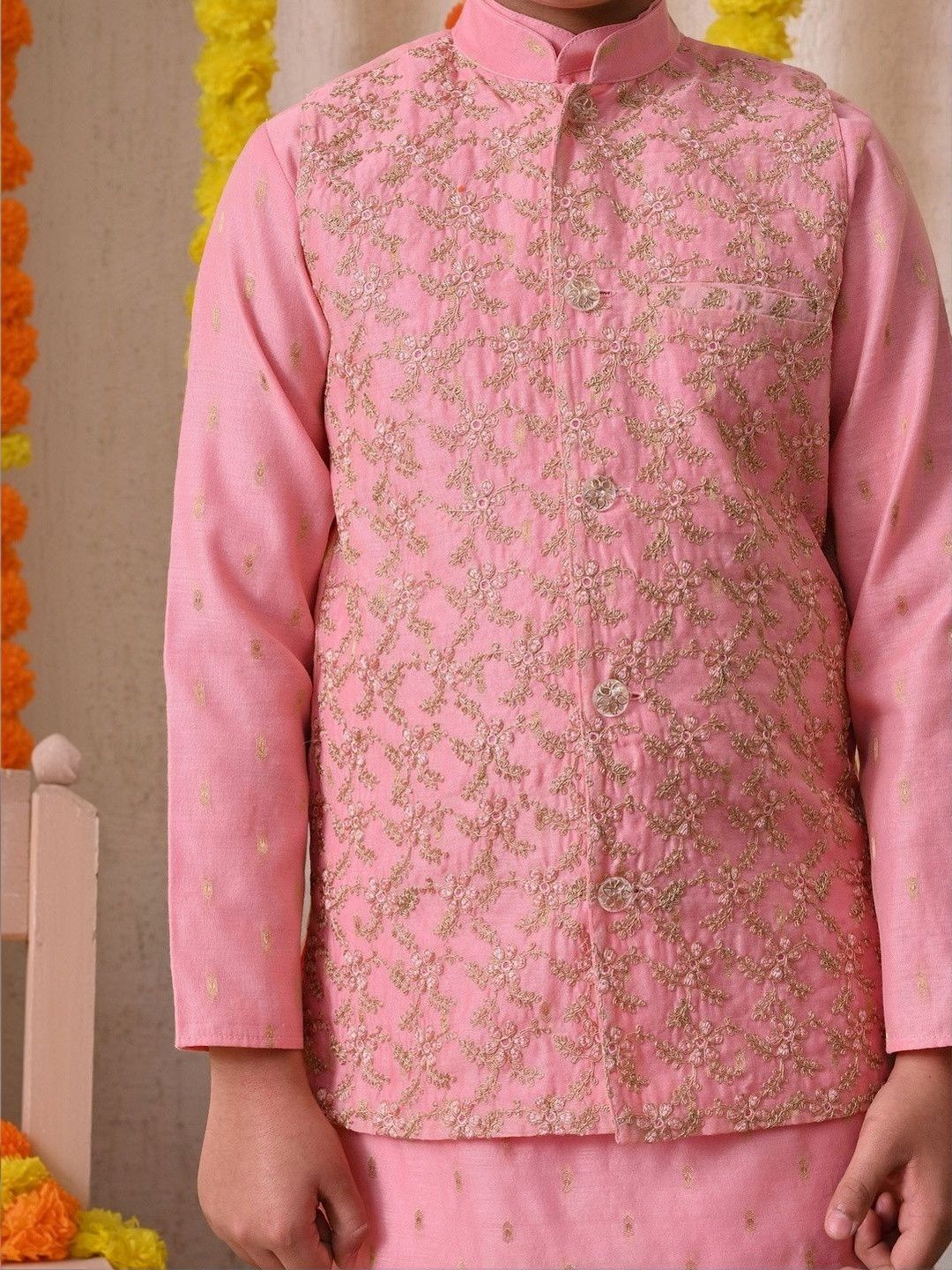 Indi Loom Couture Boys Pink Kurta with Embroidered Jacket & Pyjama Set ILBKSJ04