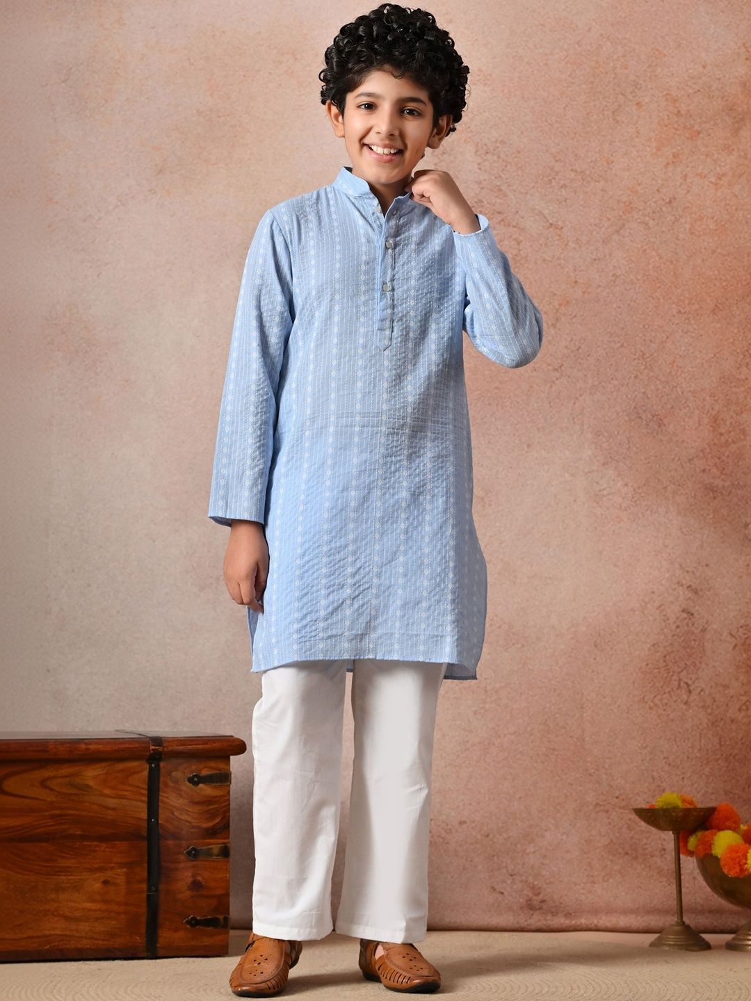 Indi Loom Couture Boys Blue Striped Ethnic Kurta with White Pajama Set ILBKS30