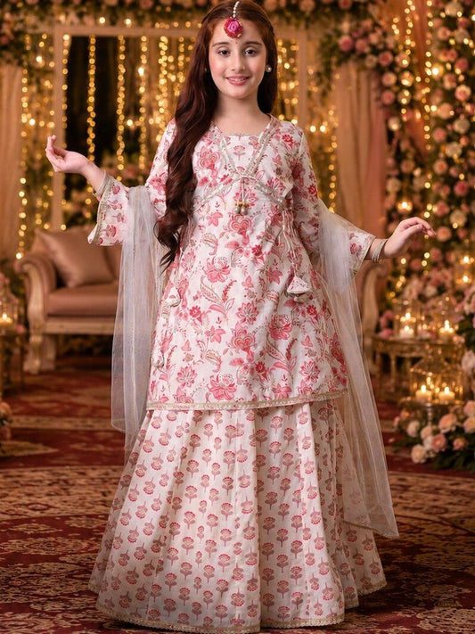 Indi Loom Couture Girls Off White Printed Kurta with Lehenga & Dupatta Set ILLCD34