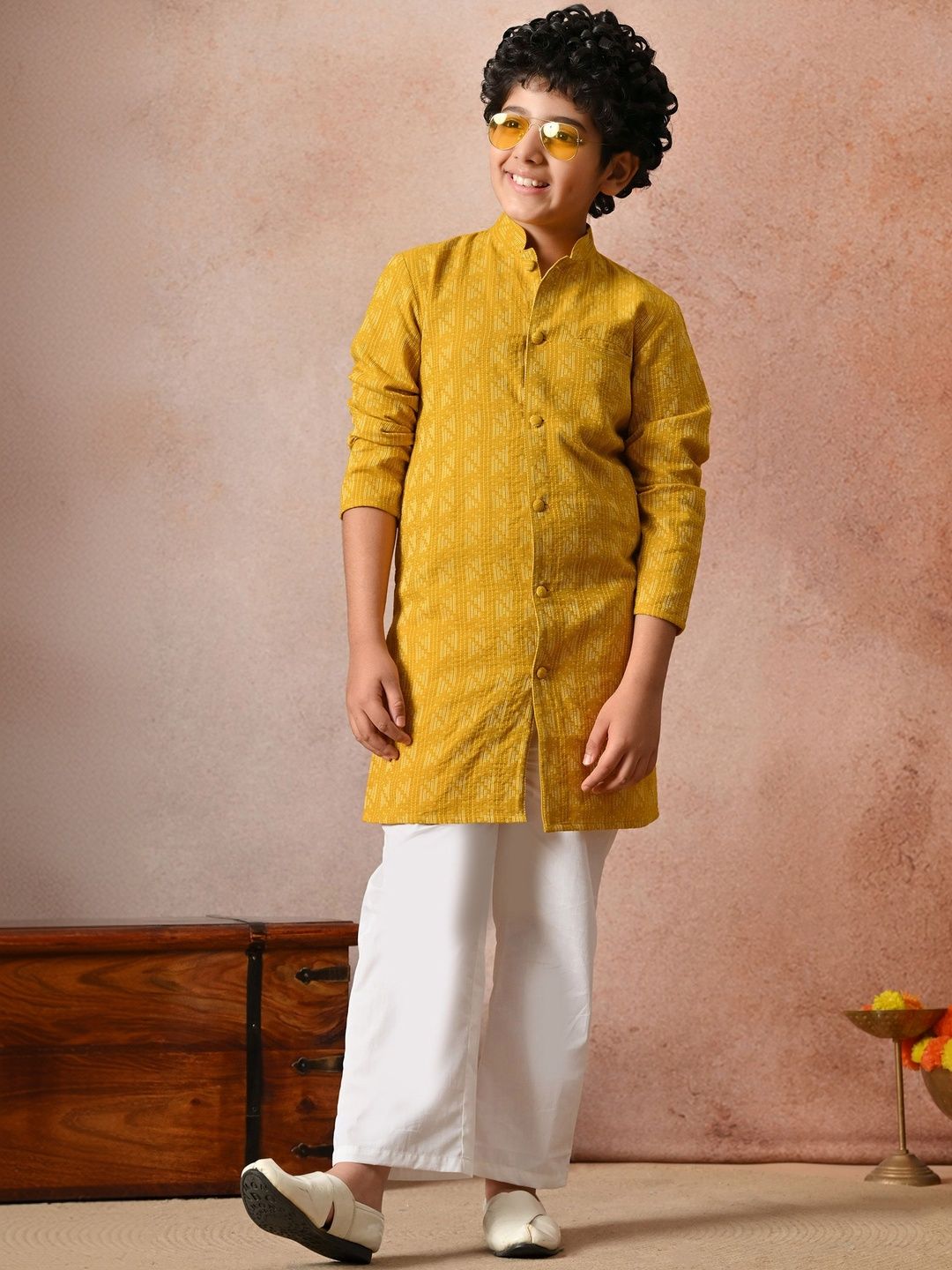 Indi Loom Couture Boys Mustard Yellow Self Design Kurta with Pyjama Set ILBKS35