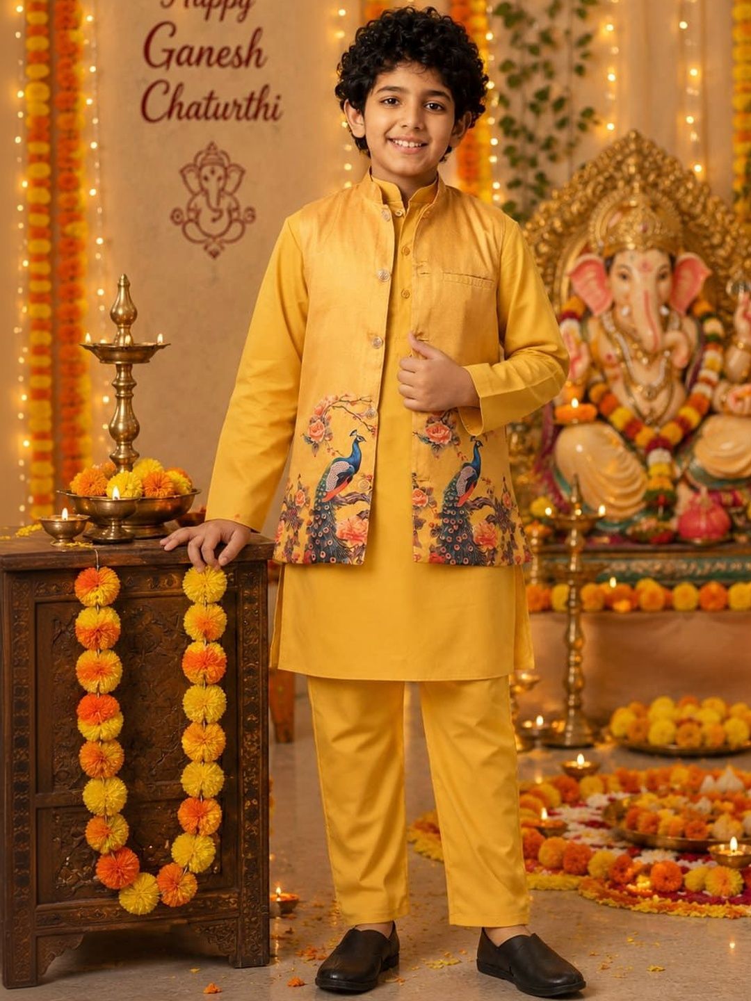 Indi Loom Couture Boys Mustard Yellow Printed Kurta Jacket with Pyjama Set ILBKSJ10