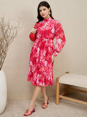 Zummer Pink Floral Neck Keyhole Midi Dress