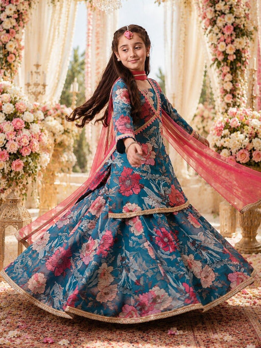 Indi Loom Couture Girls Green Printed Kurta Skirt with Dupatta Set ILLCD44