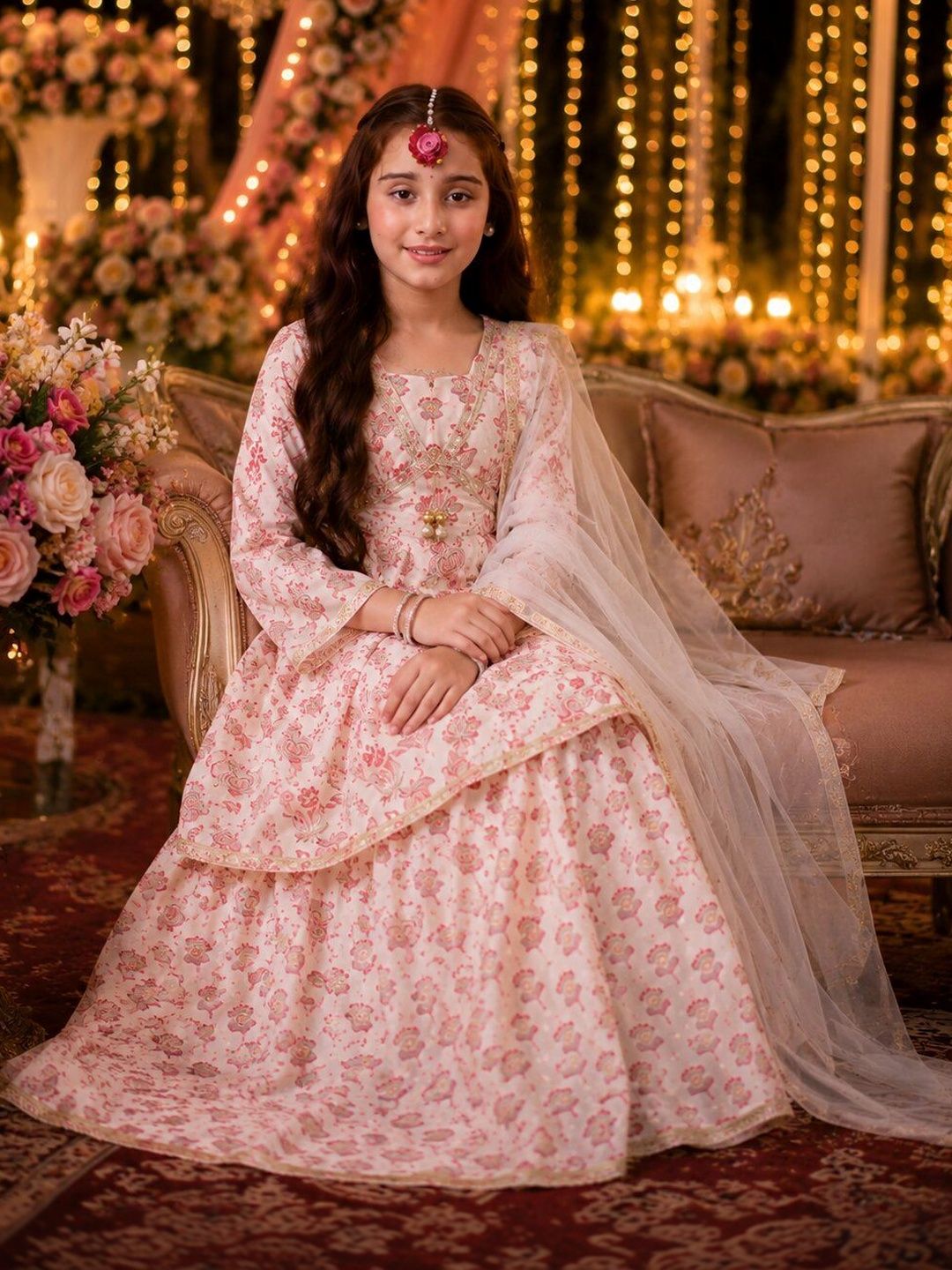 Indi Loom Couture Girls Off White Printed Kurta with Lehenga & Dupatta Set ILLCD34