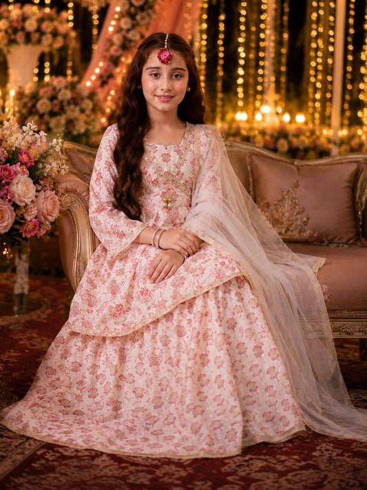 Indi Loom Couture Girls Off White Printed Kurta with Lehenga & Dupatta Set ILLCD34