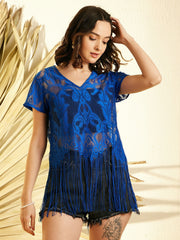 Women's Yellow Lace Sheer Top with Fringes