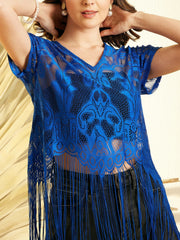 Women's Yellow Lace Sheer Top with Fringes