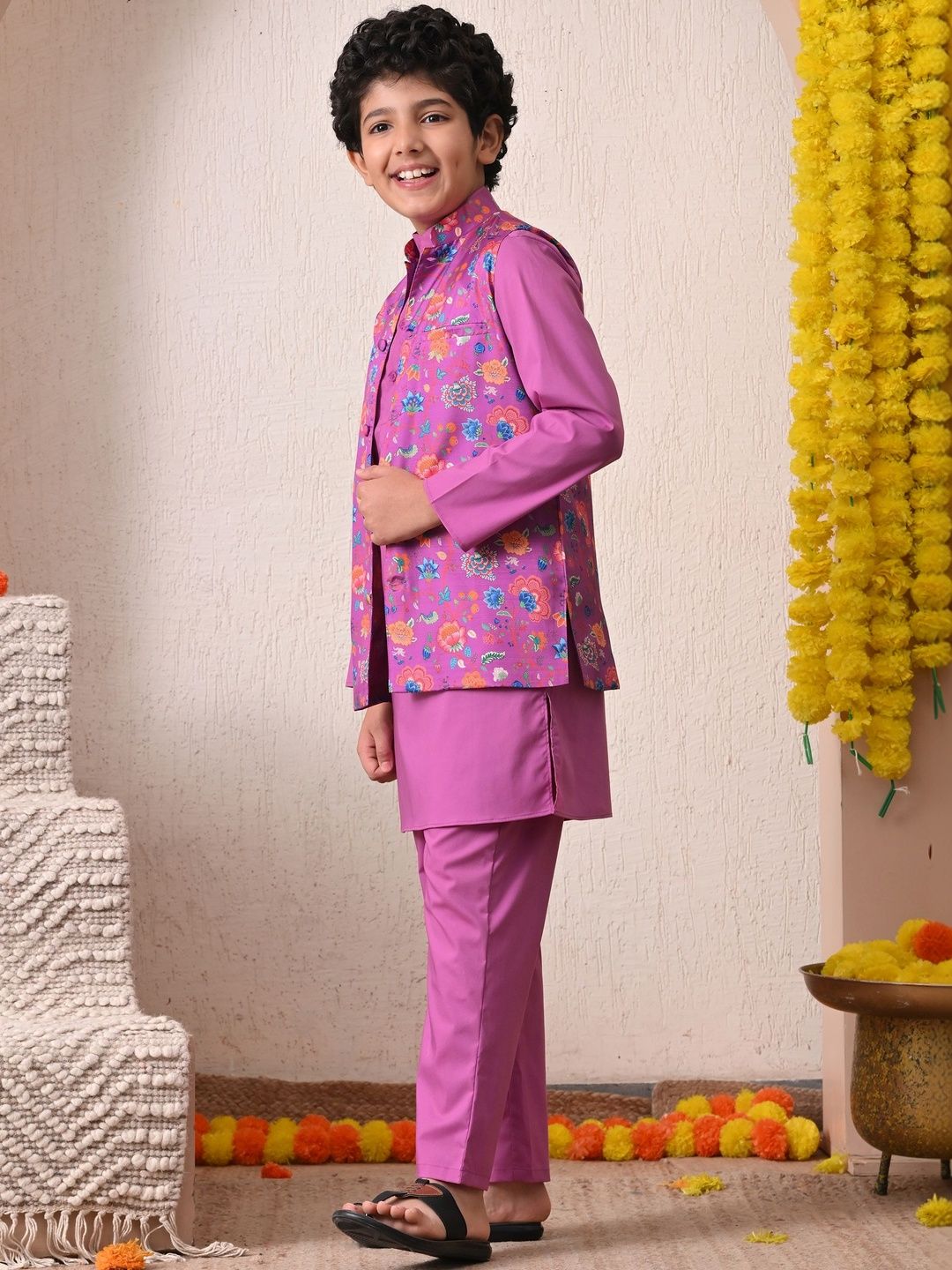 Indi Loom Couture Boys Purple Kurta with Floral Printed Jacket & Pyjama Set ILBKSJ20