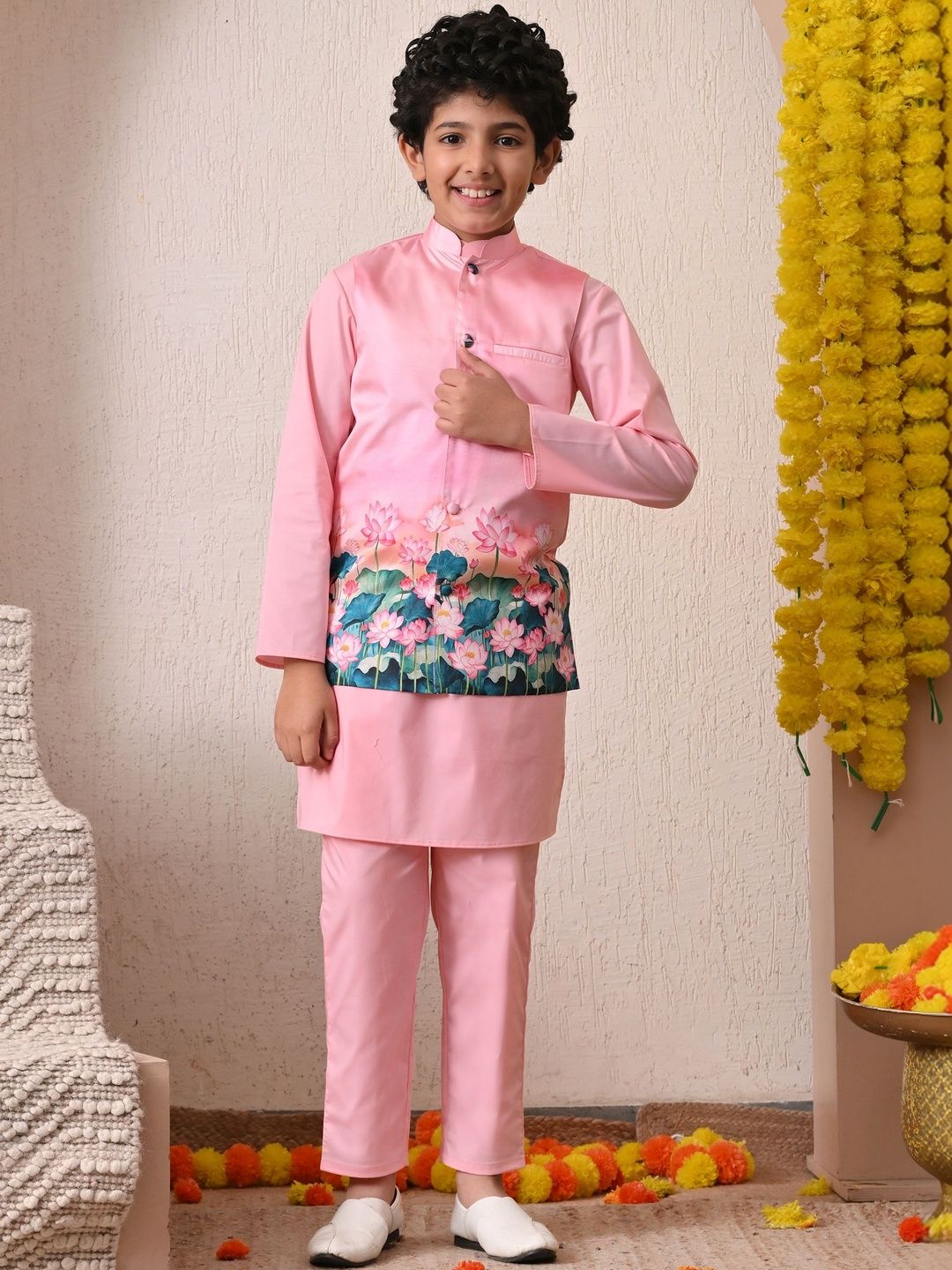 Indi Loom Couture Boys Pink Kurta Pyjama With Printed Jacket Set ILBKSJ09