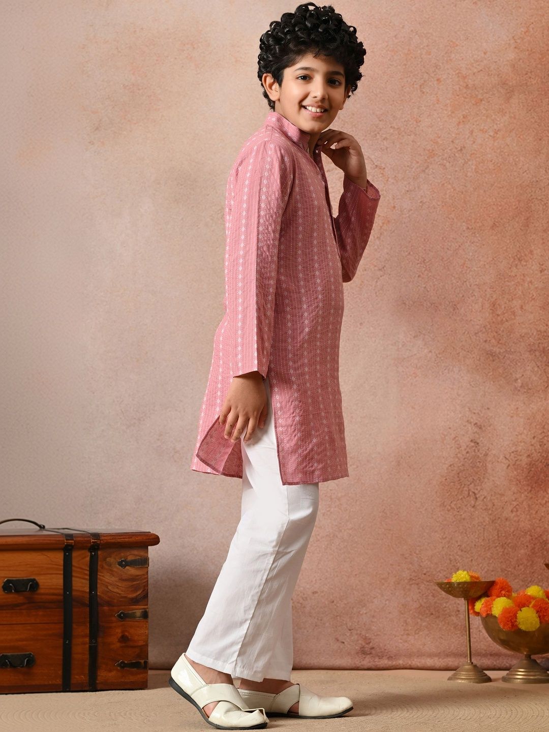 Indi Loom Couture Boys Pink Embroidered Kurta with Pyjama Set ILBKS34