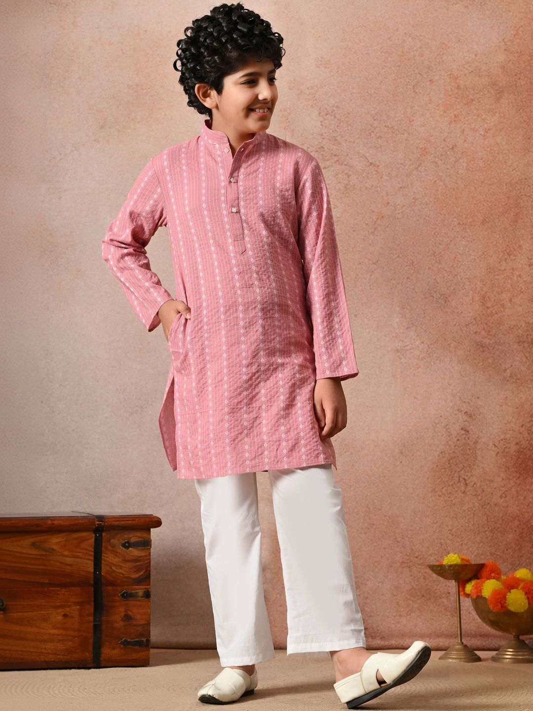 Indi Loom Couture Boys Pink Embroidered Kurta with Pyjama Set ILBKS34