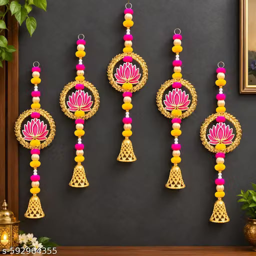 Wall Decore 5pcs Multicolor 20 Inches Mdf Lotus Pom Pom And Bell For Diwali Decoration,Home Decor, Gifts Items
