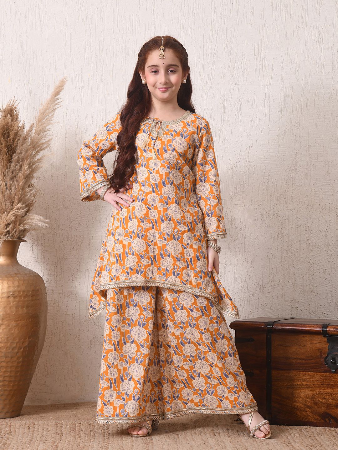 Indi Loom Couture Girls Mustard Floral Printed Kurta with Palazzo Set ILKS78