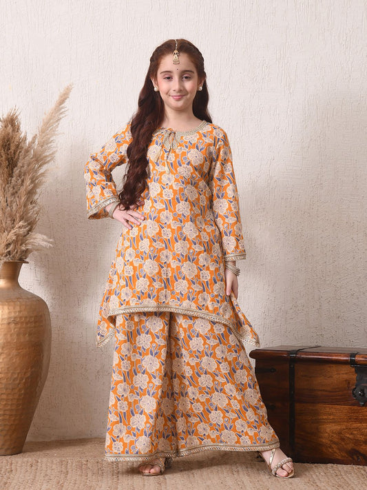 Indi Loom Couture Girls Mustard Floral Printed Kurta with Palazzo Set ILKS78