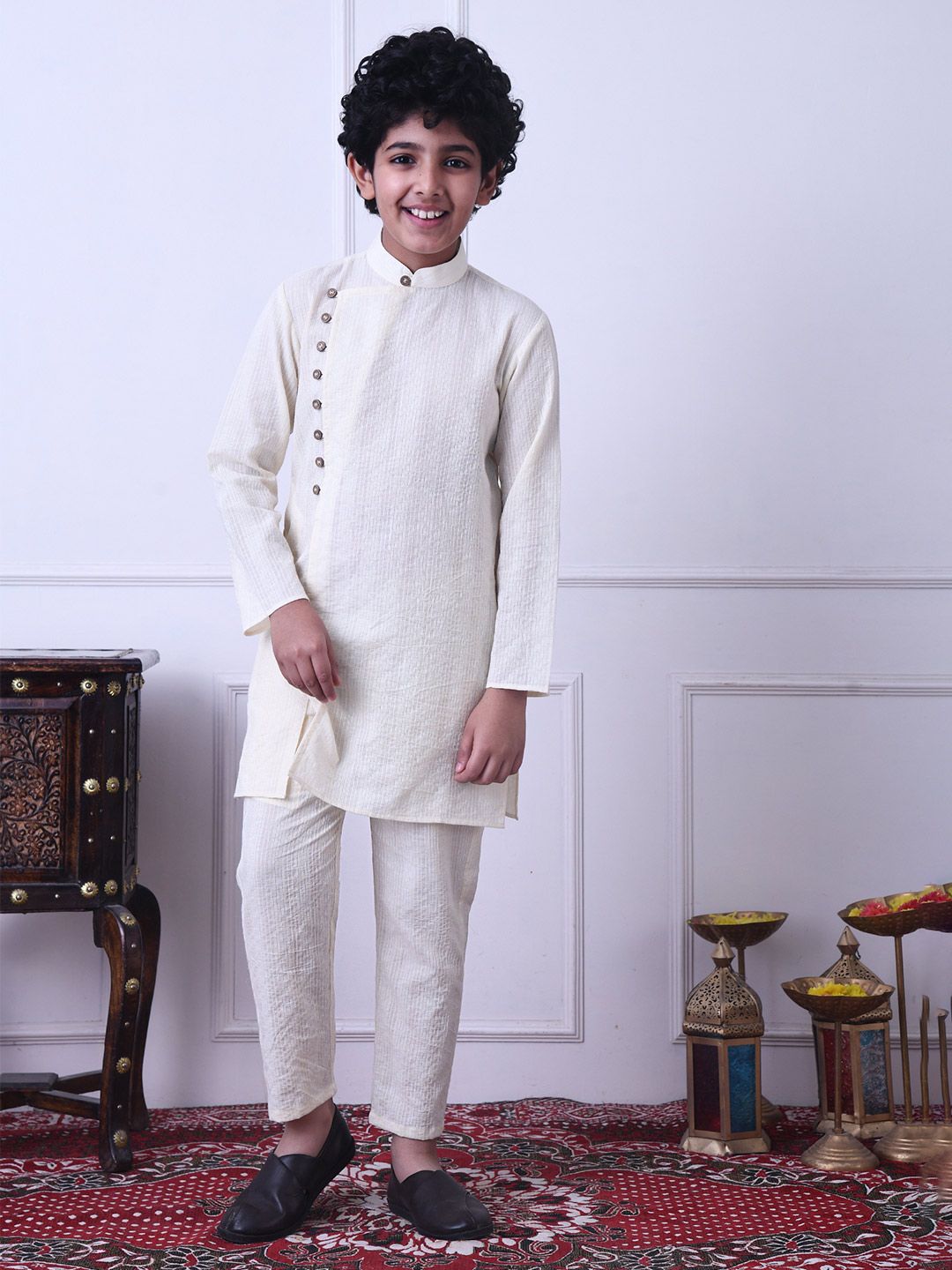 Indi Loom Couture Boys Off White Solid Ethnic Kurta with Pajama Set ILBKS17